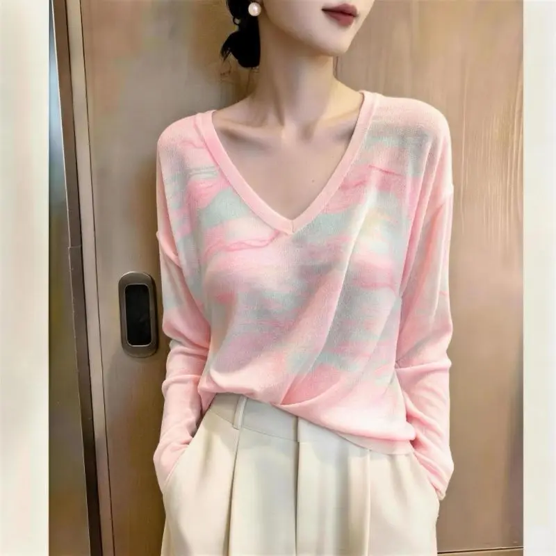 Spring Autumn New Gradient V Neck Loose Elegant Tops Long Sleeve Plus Size Tie Dye Casual T Shirts Fashion Trend Women Clothing
