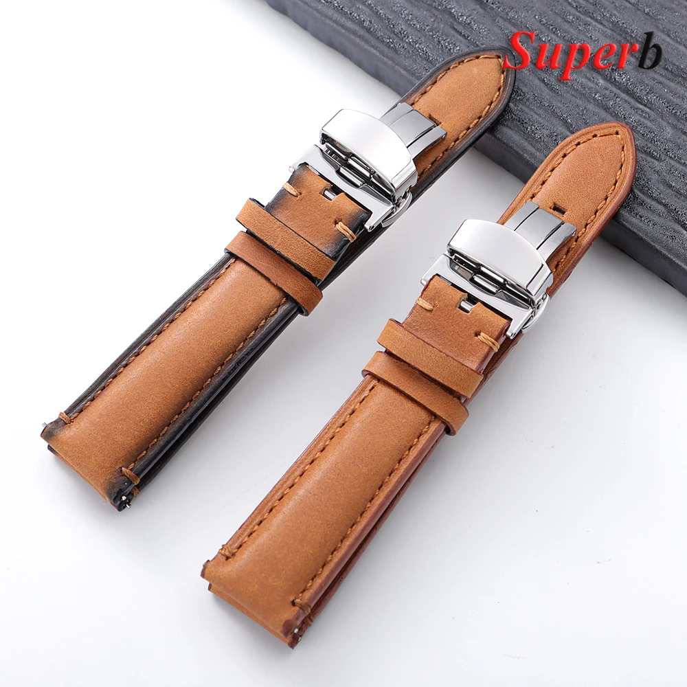 خمر جلد العجل حزام الساعات لأوميغا جلد البقر حزام (استيك) ساعة ل Seiko 20/22/24 مللي متر فراشة مشبك خياطة حزام بني