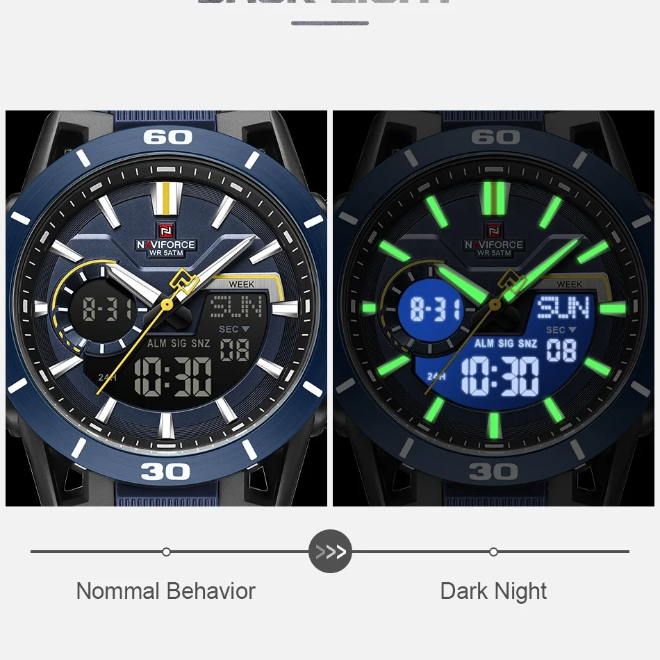 

Мужские часы NAVIFORCE с водонепроницаемостью 5ATM, двойным временем, модные спортивные водонепроницаемые наручные часы с таймером обратного отсчета, хронограф, будильник.