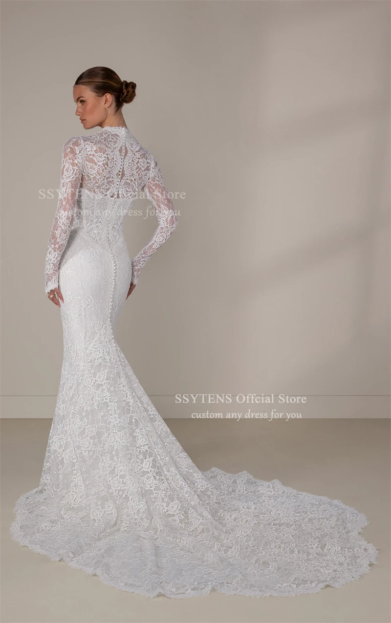 SSYTENS Abiti da sposa in pizzo di lusso maniche lunghe scollo a V abito da sposa staccabile fiocco treno guaina abiti da sposa a sirena personalizzati