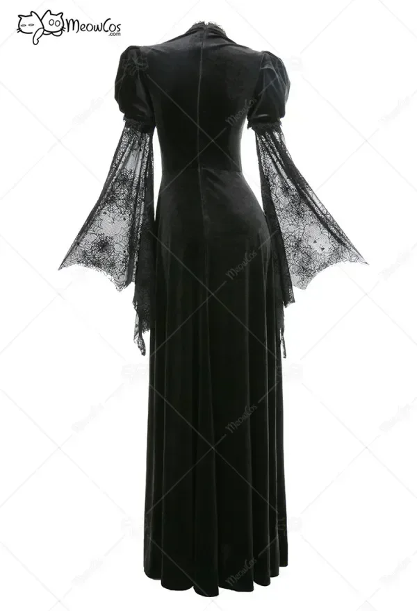 Meowcos Women Evil Witch Gothic Spider Web Flared Sleeve Long Dress Elegant Woman Halloween Dress Cosplay Costume view 3
