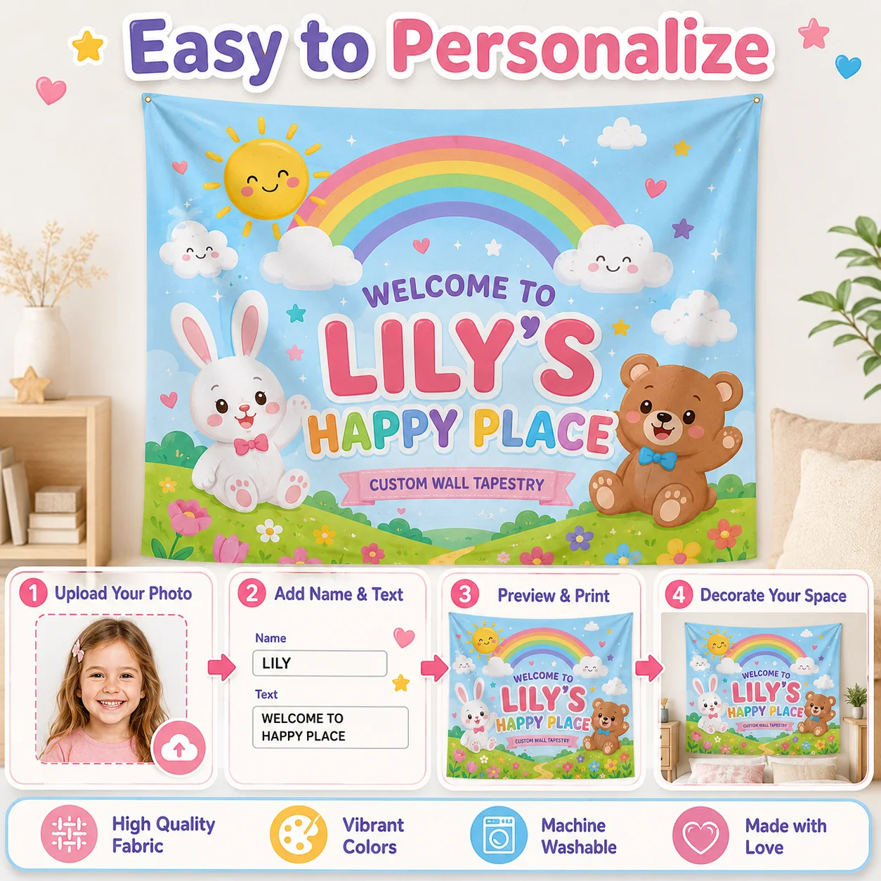 Custom Polyester Festival Banner Personalized Photo Text Wall Hanging with 4 Corner Grommets for Birthday Wedding Party Backdrop
