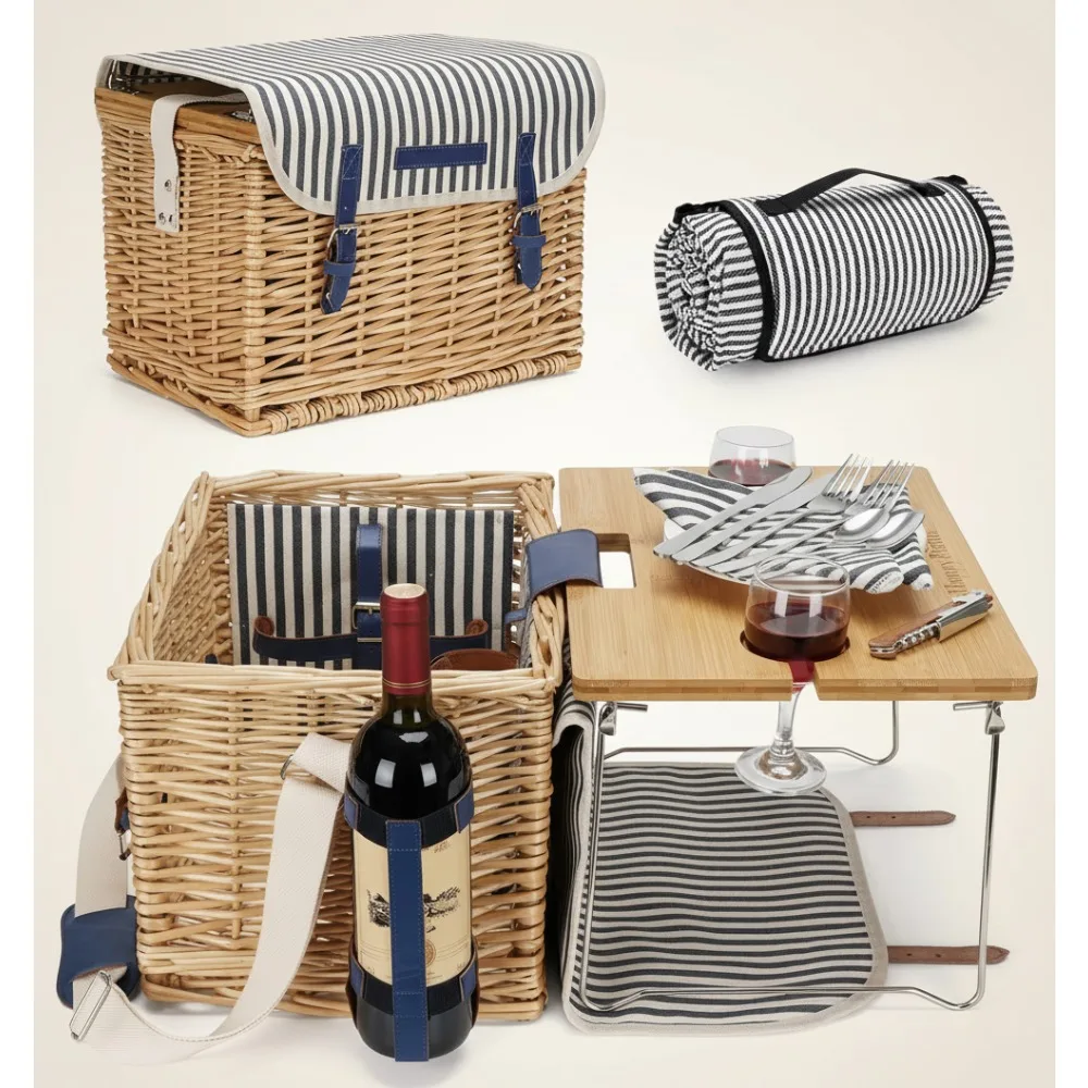 

Large Wicker Picnic Basket for 2 Persons with Bamboo Wine Table, Outdoor Camping Party Gift Set