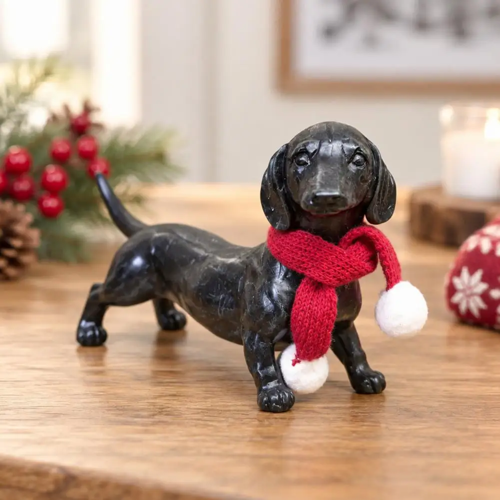 Dachshund Dog Statue Knitted Scarf Dog Resin Dachshund Statue with Scarf Cute Christmas Puppy Figurine Holiday Home for Dog