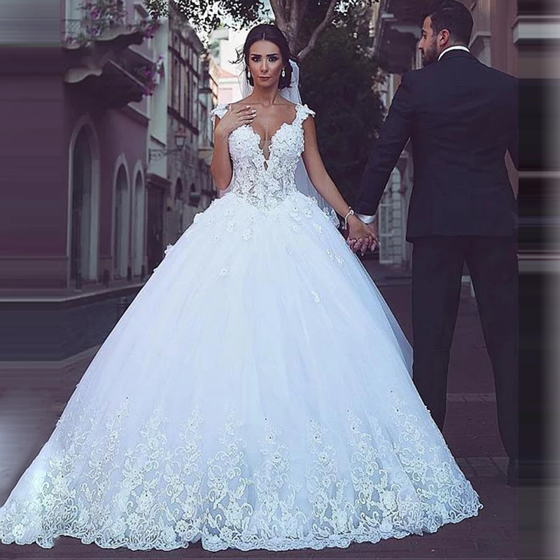 Boho Muslim Ball Gown Wedding Dresses Sweetheart Tulle Lace Beaded Dubai Saudi Arabia Wedding Bridal Dress Vestido De Noiva