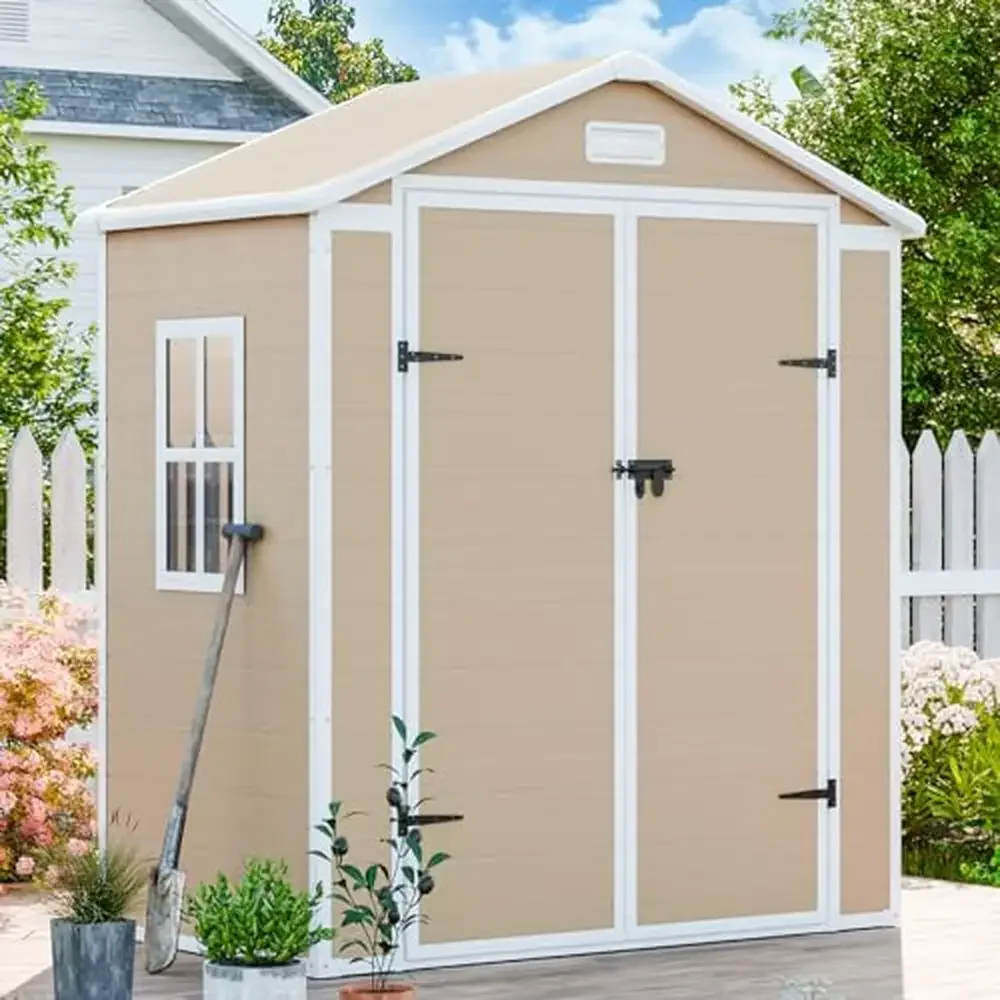 6x3 FT Outdoor Waterproof Storage Shed Resin Tool Bike Pet Shelter Garden Utility House Double Lockable Doors Vents Window