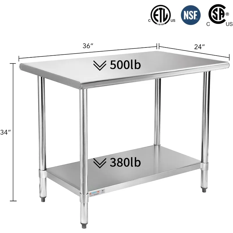 Stainless Steel Table, 24 x 36 Inch Metal Prep and Work Table with Adjustable Base