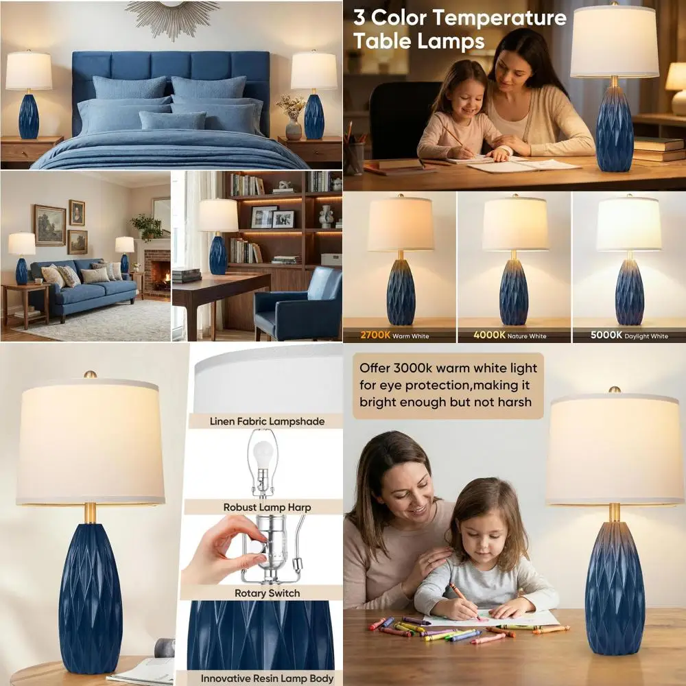 

Набор из 2-х настольных ламп темно-синего цвета с льняными абажурами для гостиной и спальни, дизайн в форме ромба, настольные лампы для дома и офиса.