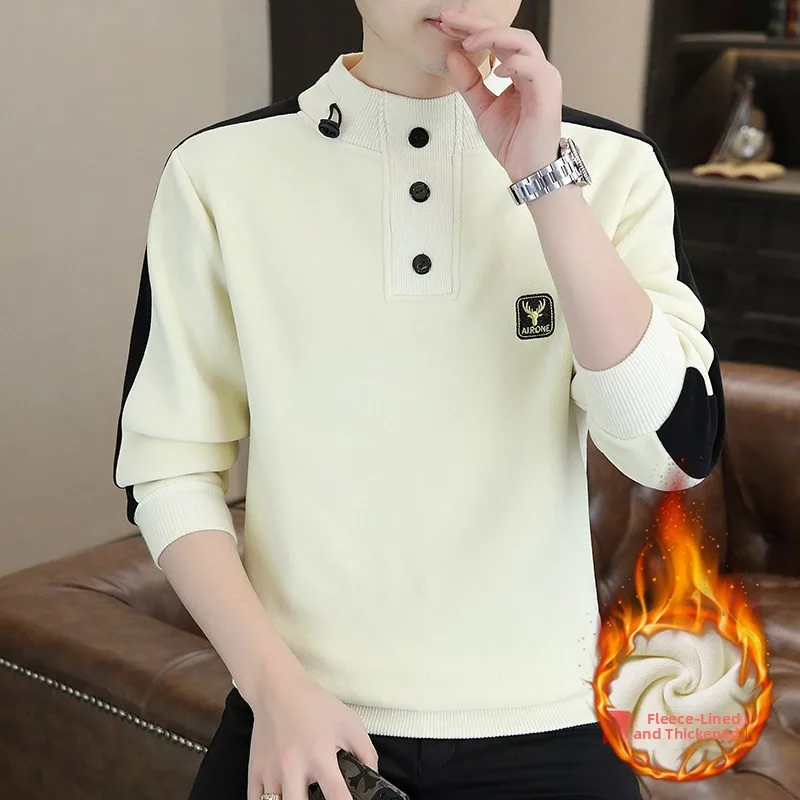 

Thickened Half-High Collar Sweatshirt Men's Winter Fashion Casual Long Sleeve Fleece Lined Inner Wear Base Shirt Warm Top