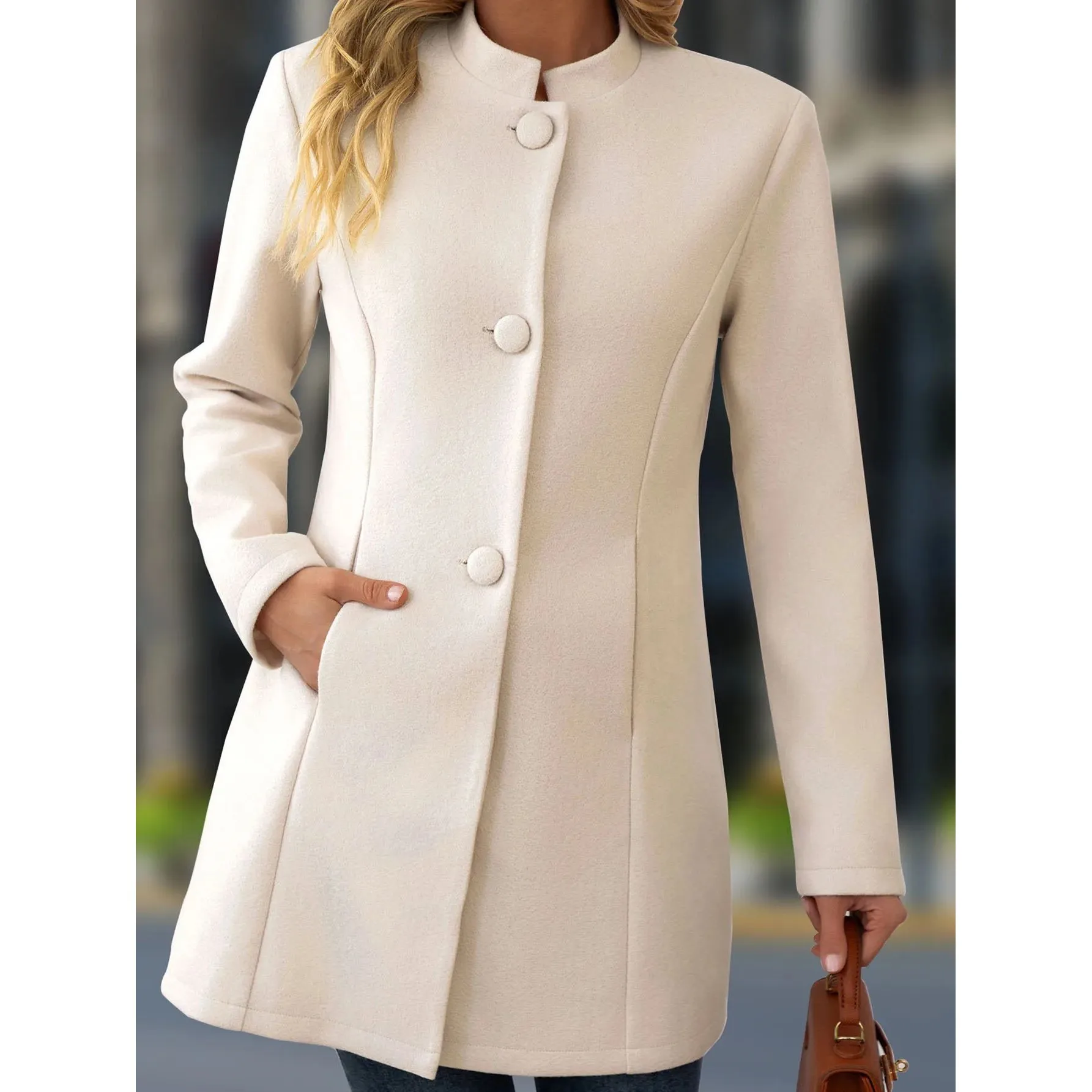 

Женское повседневное шерстяное пальто с воротником-стойкой, зимняя модная верхняя одежда, элегантное женское пальто, стильное и трендовое
