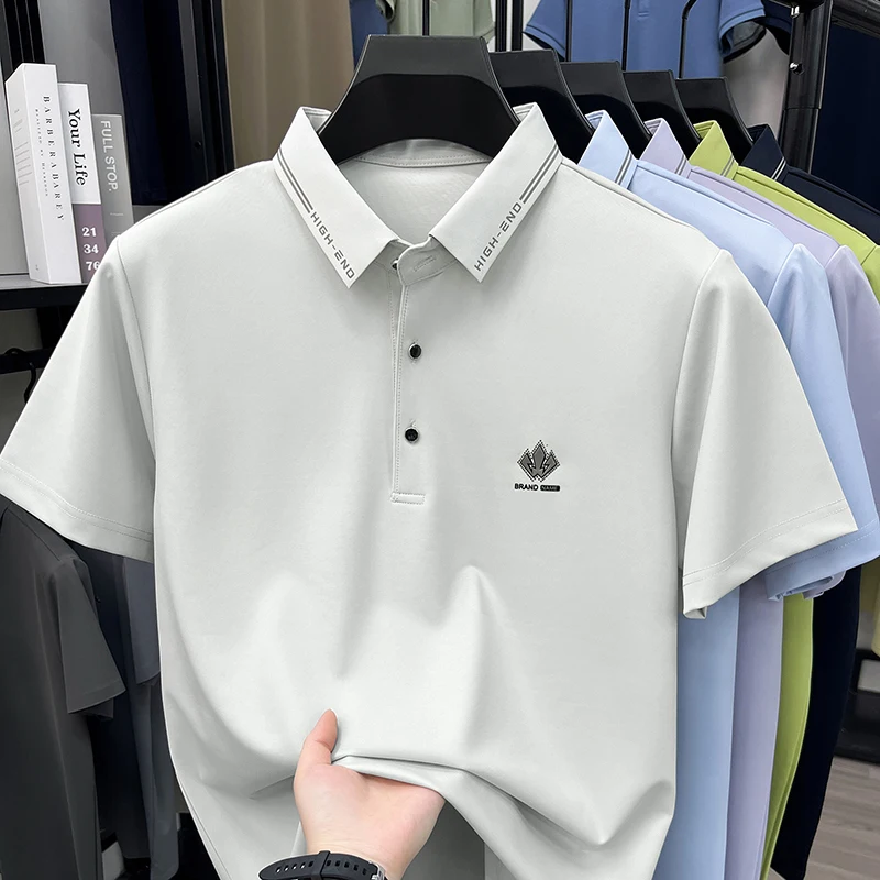 TFETTERS 2026 Men T‑Shirt High‑End Letter Collar Trim Chest Embroidery Wrinkle‑Free Elderly Dad Office Business Workwear Top