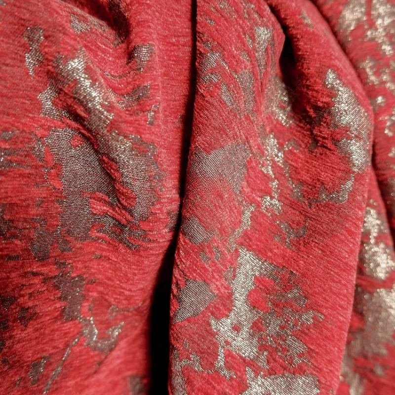 Red Dark Texture Jacquard Chenille Fabric Retro Autumn and Winter Coat Niche Creative Fashion Designer Non Elastic Fabric