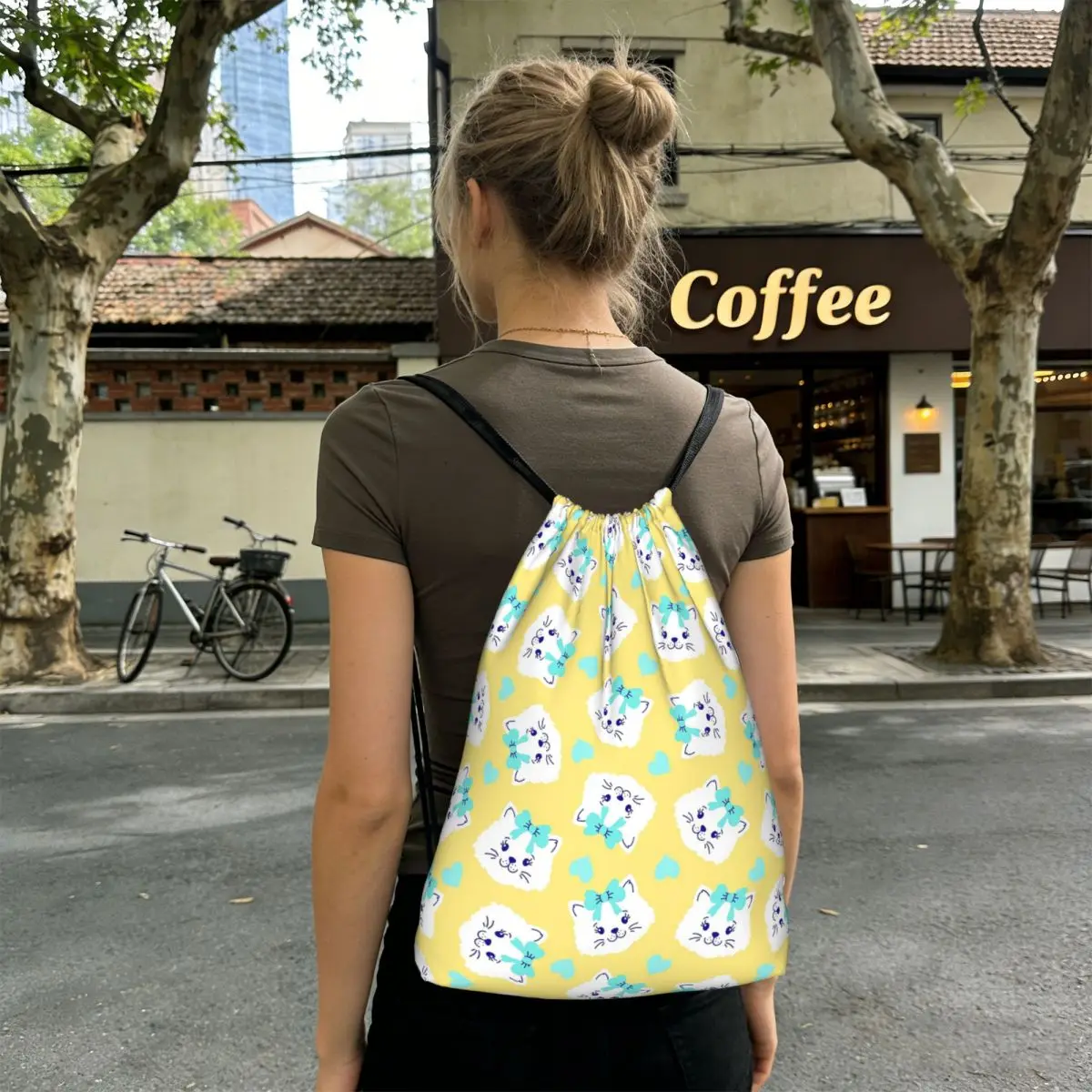 Cute Kitten With Bow Pattern Backpacks Portable Drawstring Bags Sports Bag Book Bags for Travel Students