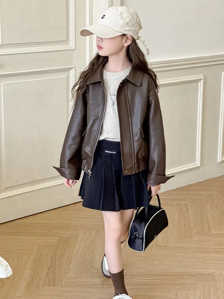 New Girls Brown Coat 2024 New Fall Leather Jacket Eight Spring Short Leather Jacket Simple Casual Coat European Fashion Style