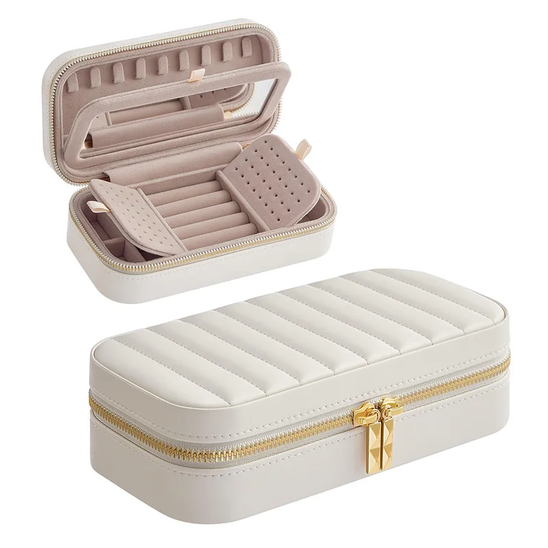 Large Capacity Jewelry Box With Mirror Travel Portable Earrings Ring Necklace Pendant Storage Box Striped Jewelry Display Case