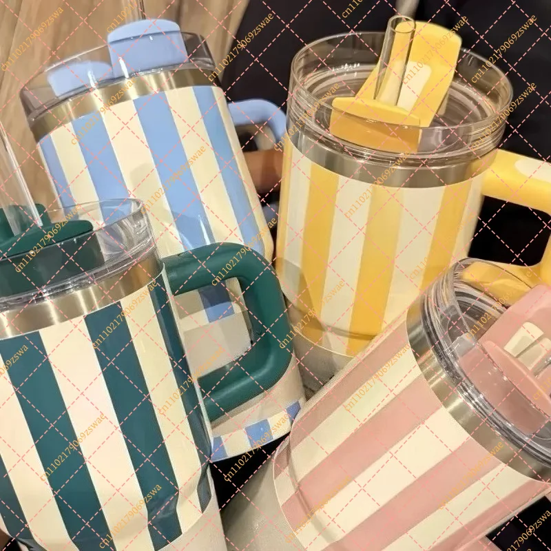 20oz Retro Striped Tumbler, Stainless Steel Vacuum Insulated Mug with Handle, Large Capacity Travel Coffee Cup for Car