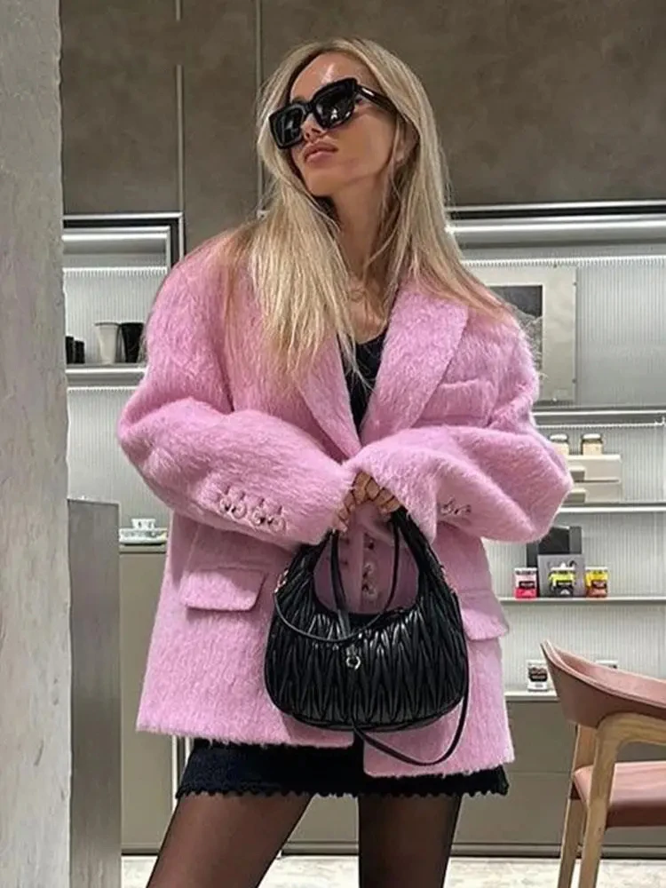 Fashion Fur Blazer Jacket For Women 2024 Y2K Chic Lapel Woolen Plush Pink Coats Elegant Long Sleeve Office Lady Pockets Overcoat