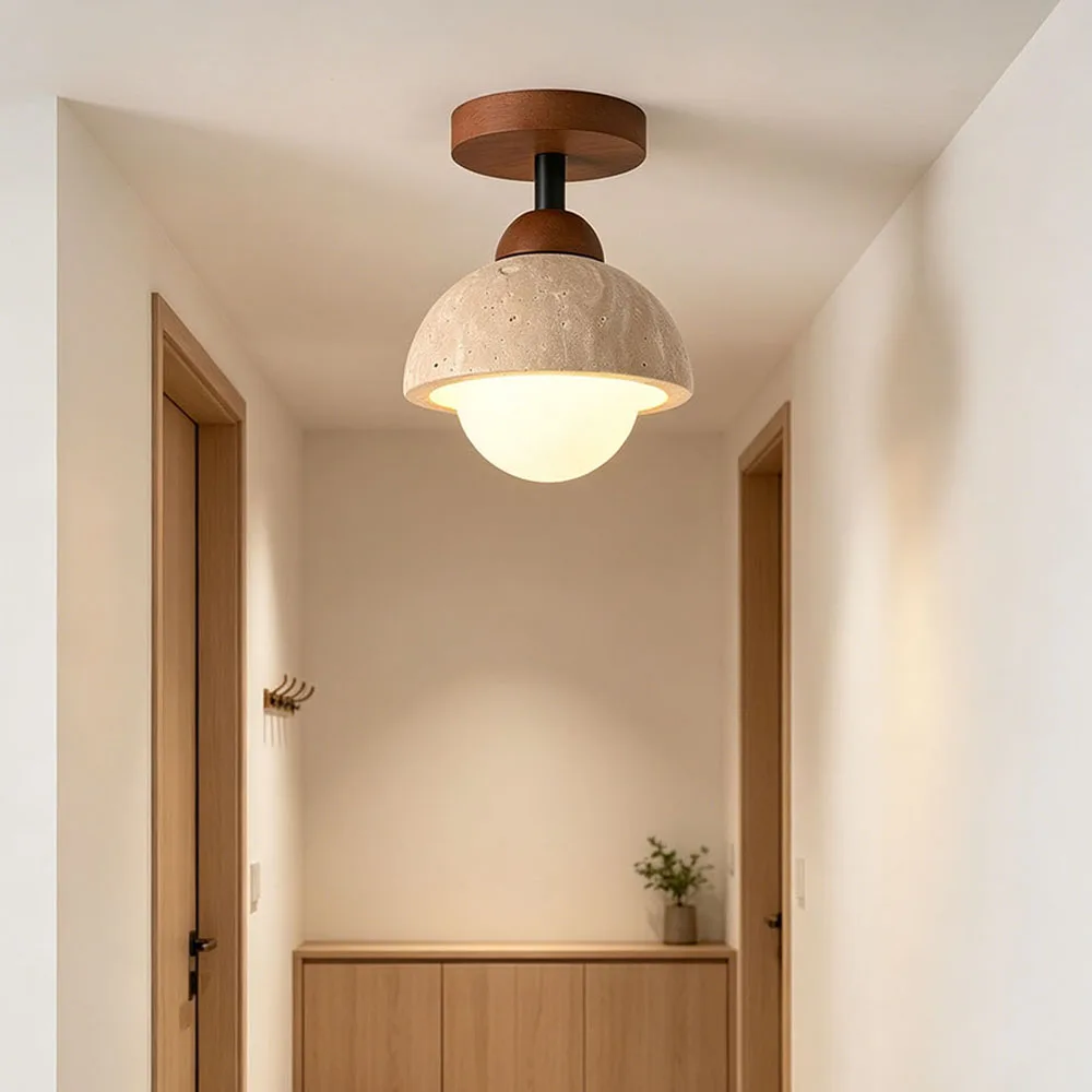 Dome Shape Natural Travertine Ceiling Light Solid Wood Base Flush Mount Lamp for Hall Entry Corridor