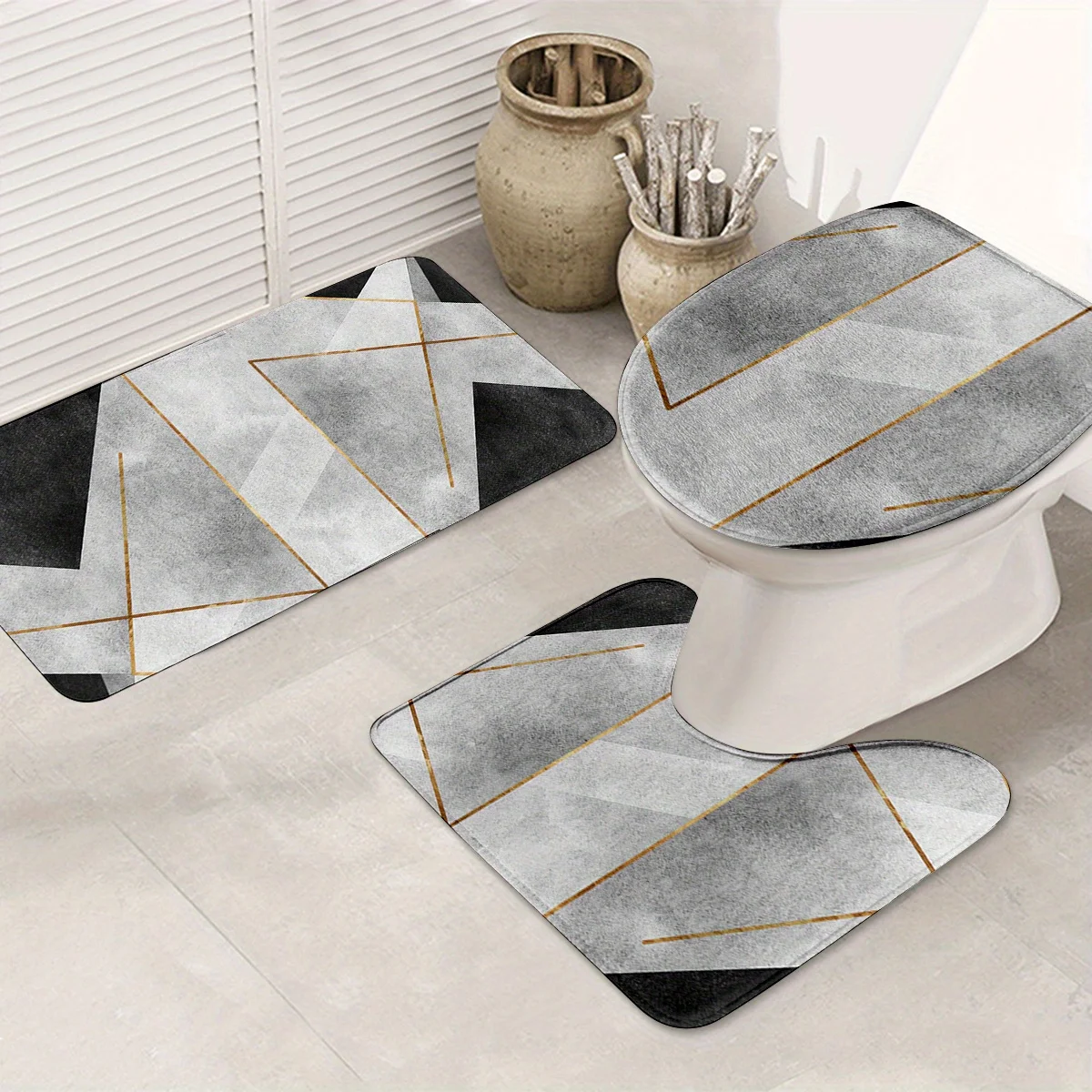 

3-Piece Geometric Bathroom Mat Set - Non-Slip Washable Floor Covering with U-Shaped Mat and Toilet Seat for Bathroom/Bedroom