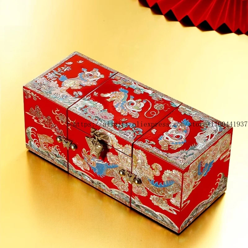 

Chinese Lacquer Jewelry Box with Mother-of-Pearl Inlay Dragon Lion Wedding Gift Box Bridal Dowry Chest for Jewelry Storage