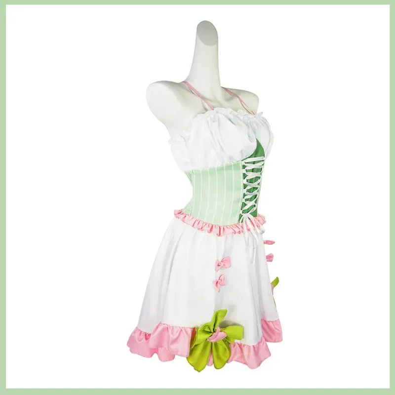 Disfraz de Anime Kanroji Mitsuri, Kokyuu Doujin, vestido de sirvienta con hombros descubiertos, calcetines, peluca, traje de fiesta de Carnaval Kawaii Sexy para mujer if;3