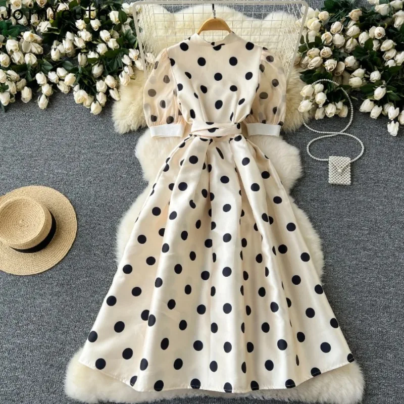 Summer Dress Women V Neck Puff Sleeve Robe Bandage Slim Waist Vestidos De Mujer Big Swing Polka Dot Vintage Maxi Dresses 7o040