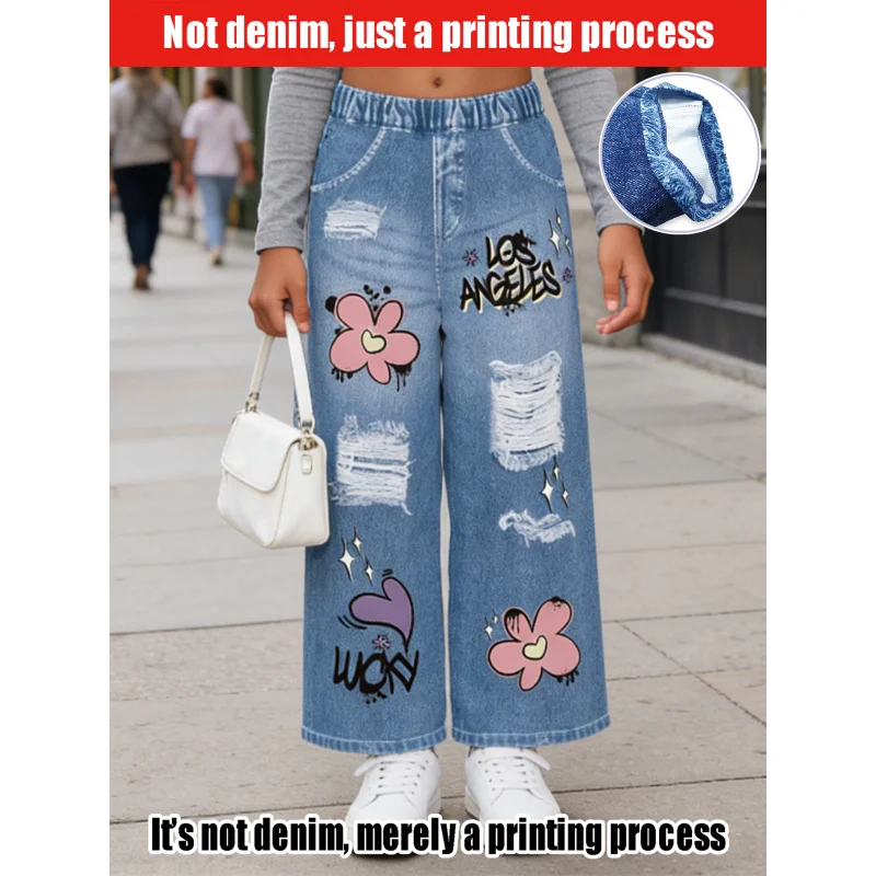 2026Children's Sweet Cool Floral Slogan Ripped Faux Denim Jeans
