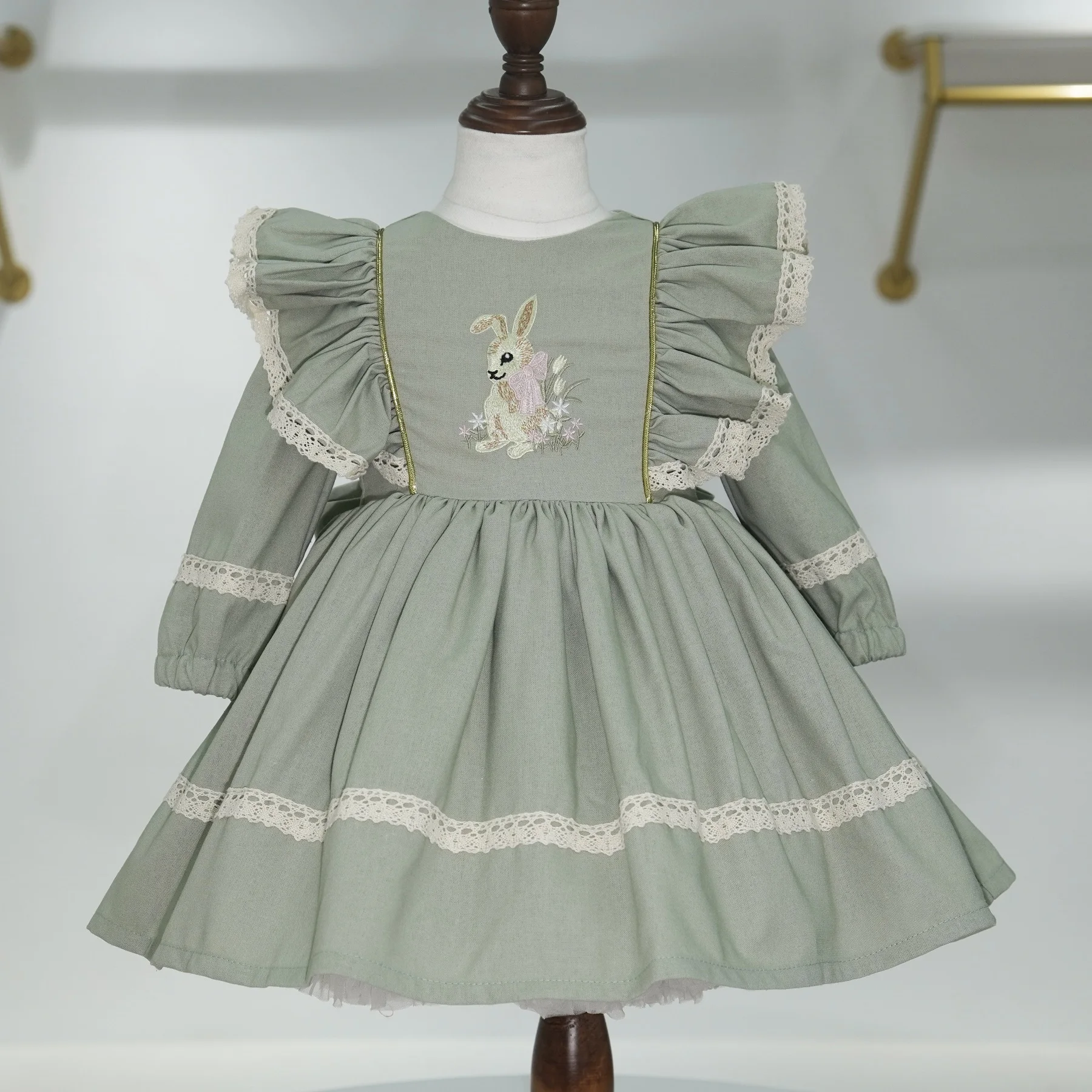 Baby Girl Spring Autumn Rabbit Embroidery Vintage Turkish Princess Ball Gown Green Dress for Eid Birthday Easter Photography C87