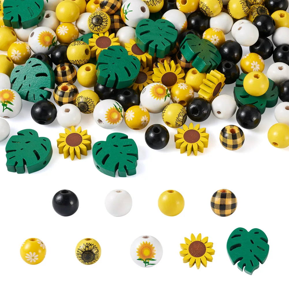 

120Pcs Round Leaf Sunflower Shape Natural Wood Beads Painted Wooden Loose Beads for DIY Jewelry Making Bracelet Home Decoration