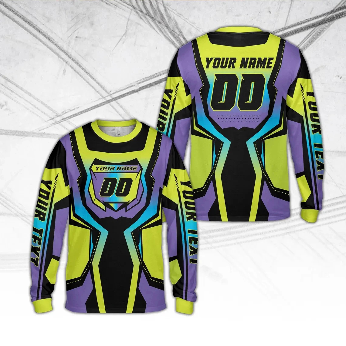 Customized Off Road Racing Jersey With Your Name Number And Diy Sleeve Text Modern Geometric Gradient Design Long Sleeve T Shirt
