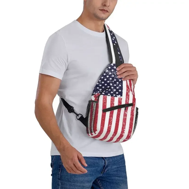 Custom Grunge American Flag Sling Bag for Men United States USA Stars Stripe Shoulder Chest Crossbody Backpack Traveling Daypack