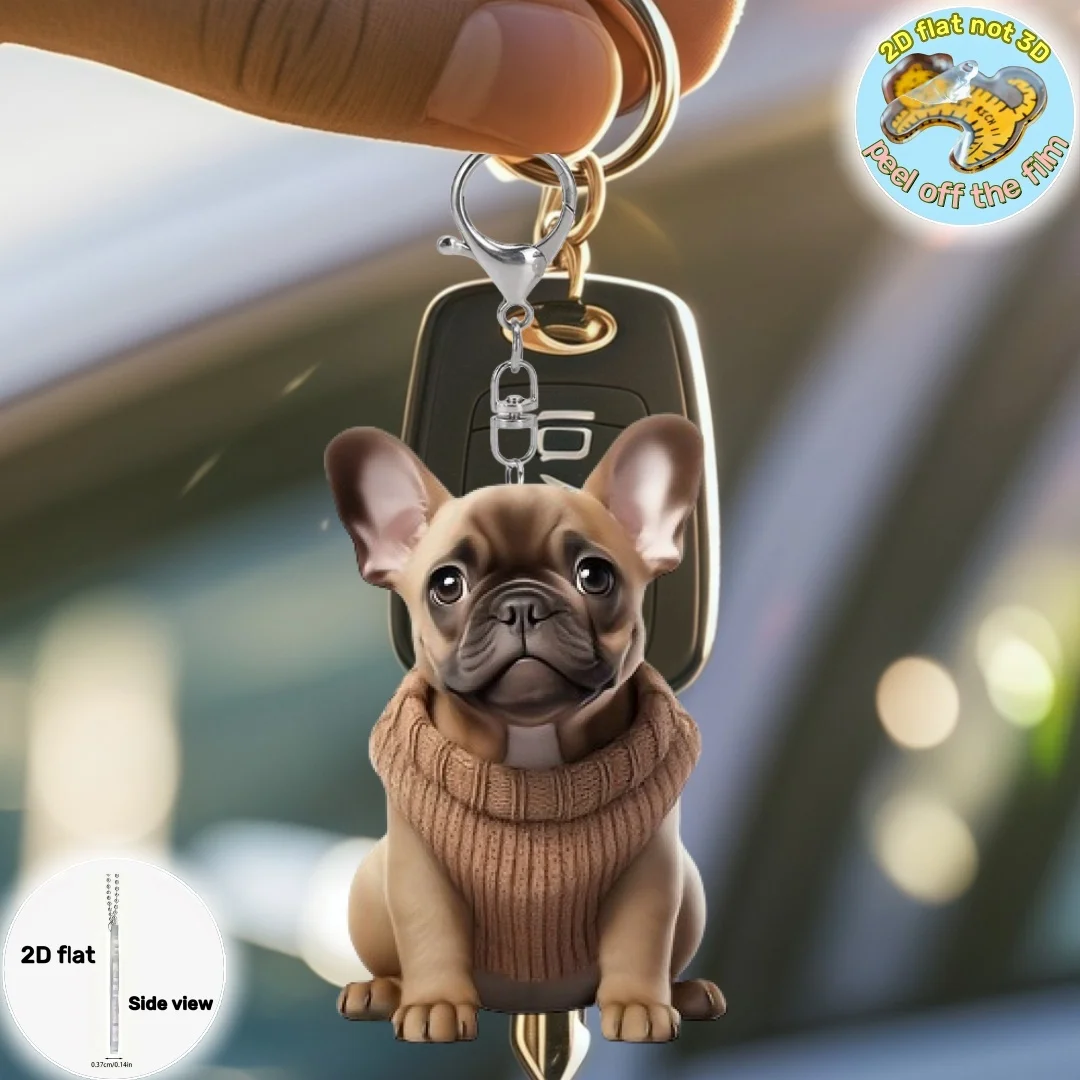 2D French Bulldog Keychain Set 15pcs Cartoon Puppy Pendant Flat Acrylic Ornament Hanging Decoration for Car Bags Festive Gift
