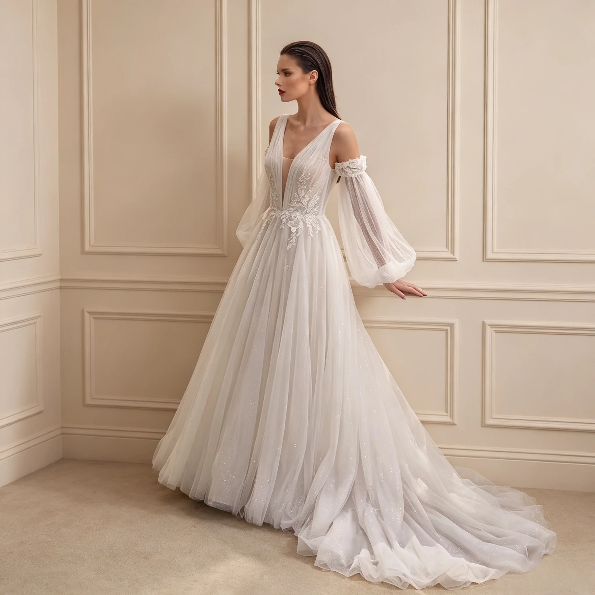 Romantic Boho Bridal Gown Deep Plunge V-Neck Detachable Tulle Puff Sleeves Floral Lace Appliqués Glitter Tulle A-Line Customiz