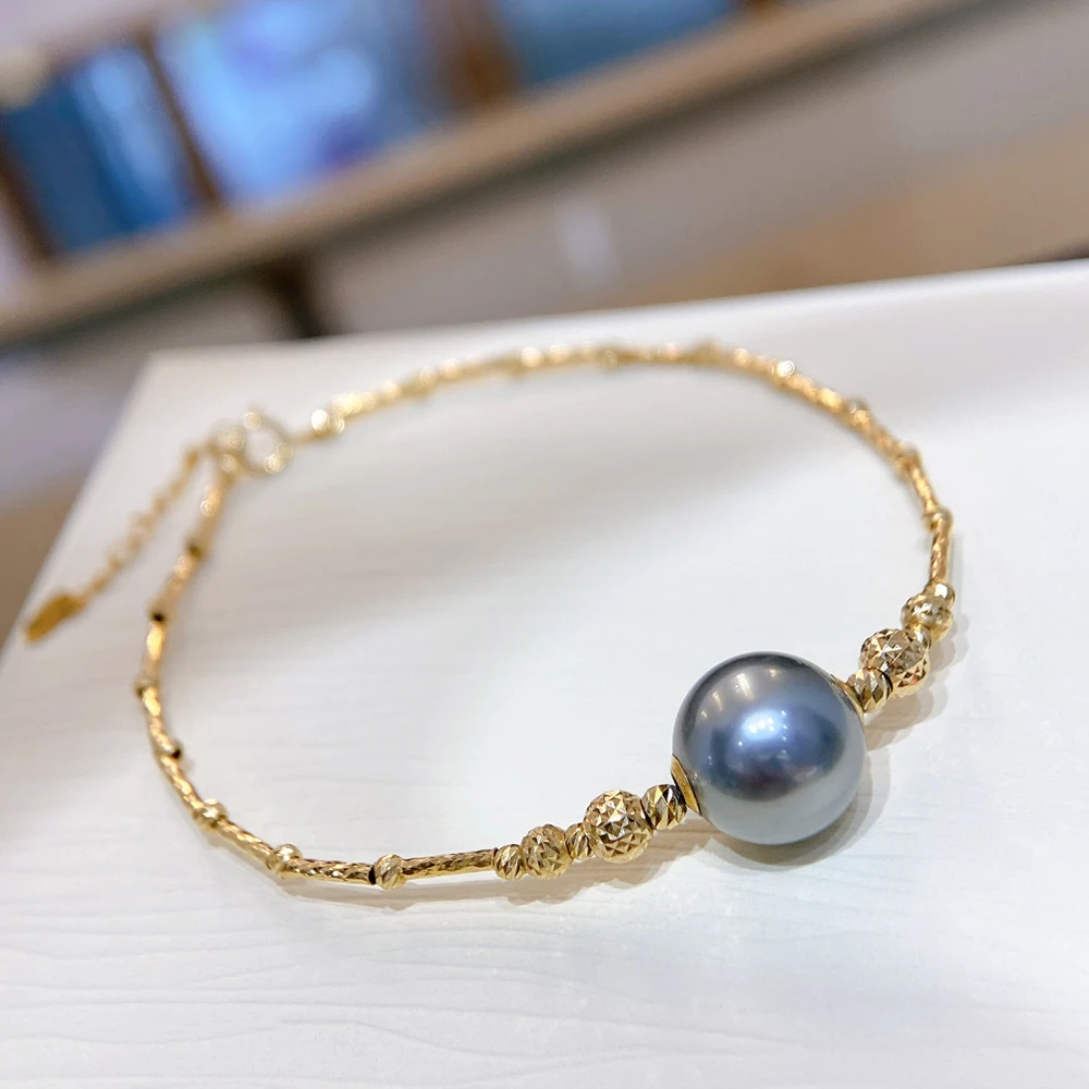 10-11mm High Quality Natural Tahitian Black Pearl Bracelet with Real 18K Gold Pineapple Beads Luxury Pearl Bracelet Fine Jewelry