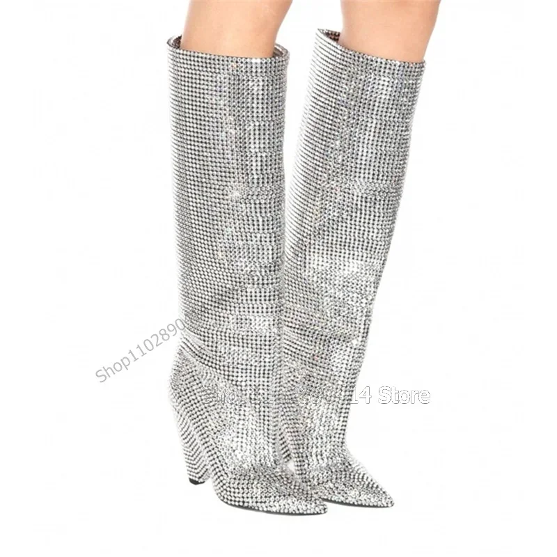 الفضة حجر الراين كعب مخروطي أشار تو الأحذية الانزلاق على أحذية النساء نمط غريب الكعوب موضة المدرج 2025 Zapatos Para Mujere