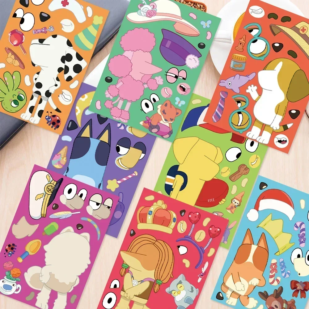 8/16 fogli Cartoon B-Bluey Stickers Bingo Dog Anime decalcomanie crea un viso adesivi decorazione fai da te bambini Puzzle giocattoli educativi