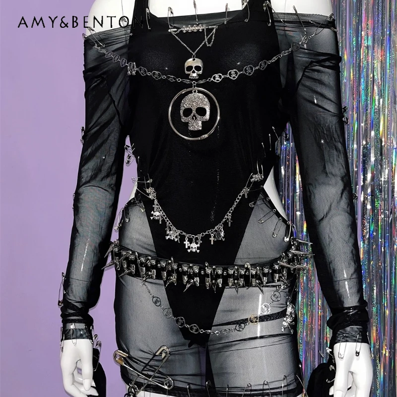 

2025 Autumn New Design Rivet PU Leather Long Sleeve Off-Shoulder Halter Women's Jumpsuit Punk Dark Sexy Mesh Dress Set Ladies