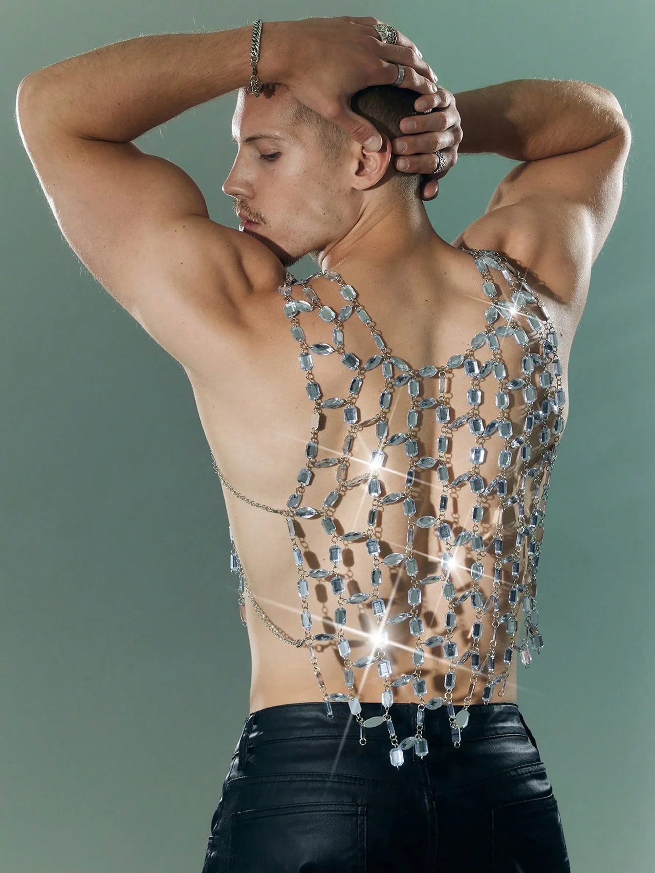 Nuovo Gilet Senza Maniche con Catena di Diamanti Flash, Gilet da Uomo per Performance con Nappe Rettangolari di Diamanti e Strass, Stile Heavy Industry