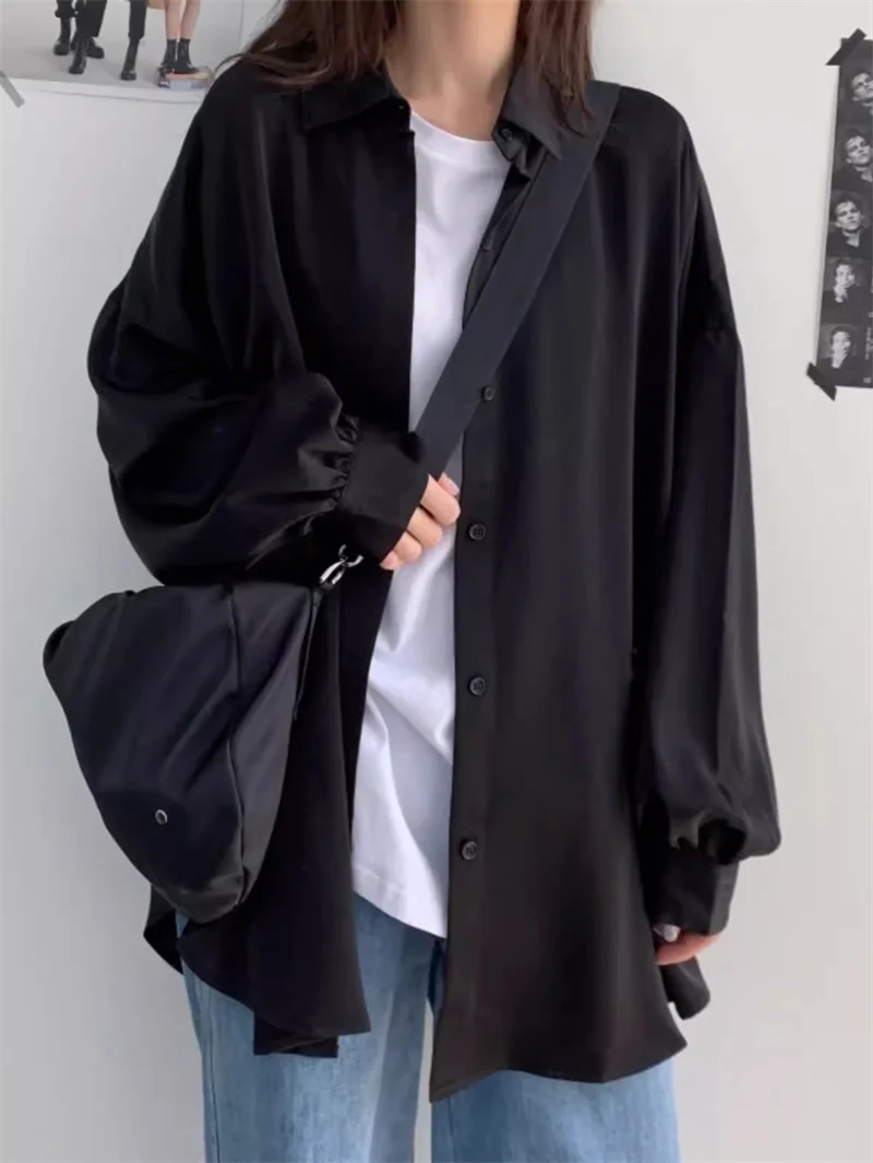 

2024 Summer New Loose Thin Hanging Lantern Sleeves Black Shirt Women's Top Mid length Lazy Style Outerwear Sunscreen Shirt Coat