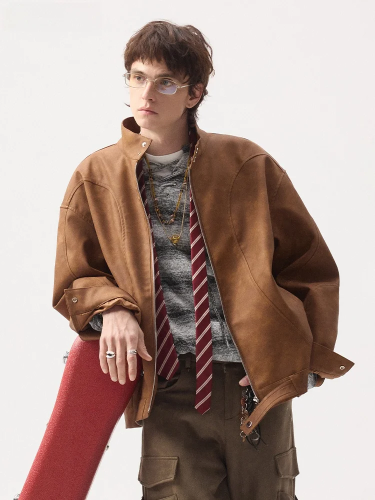 Omjk الأمريكية الرجعية تفكيك المرقعة الوقوف طوق الرجال الجلود Jaet الخريف الشتاء الاتجاه الجديد العلامة التجارية كول دراجة نارية S... #5