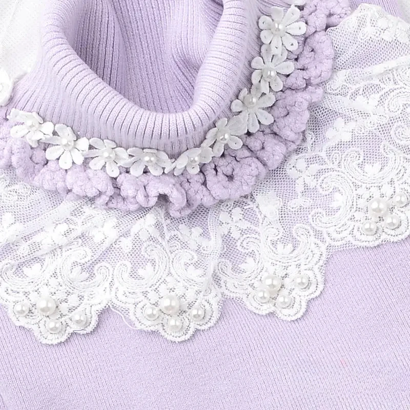 Lolita Girls Pullover Turtleneck Sweater Lace Thickened Knitted Sweater Sweet Flower Winter New Slim Fit White and Black Sweater