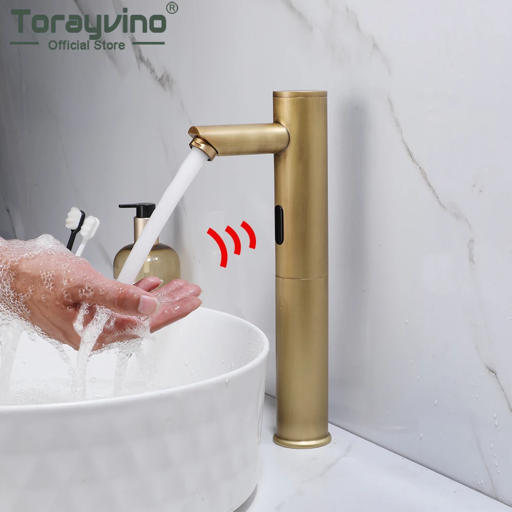 

Torayvino Antique Brass Bathroom Faucet Deck Mounted Automatic Sensor Faucets Sink Mixer Crane Water Tap Hot and Cold Torneira