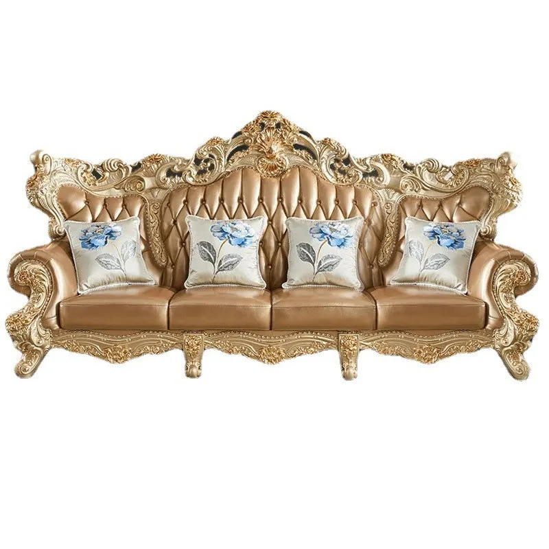 High-end luxury European solid wood leather sofa, large villa living room French oak combination furniture