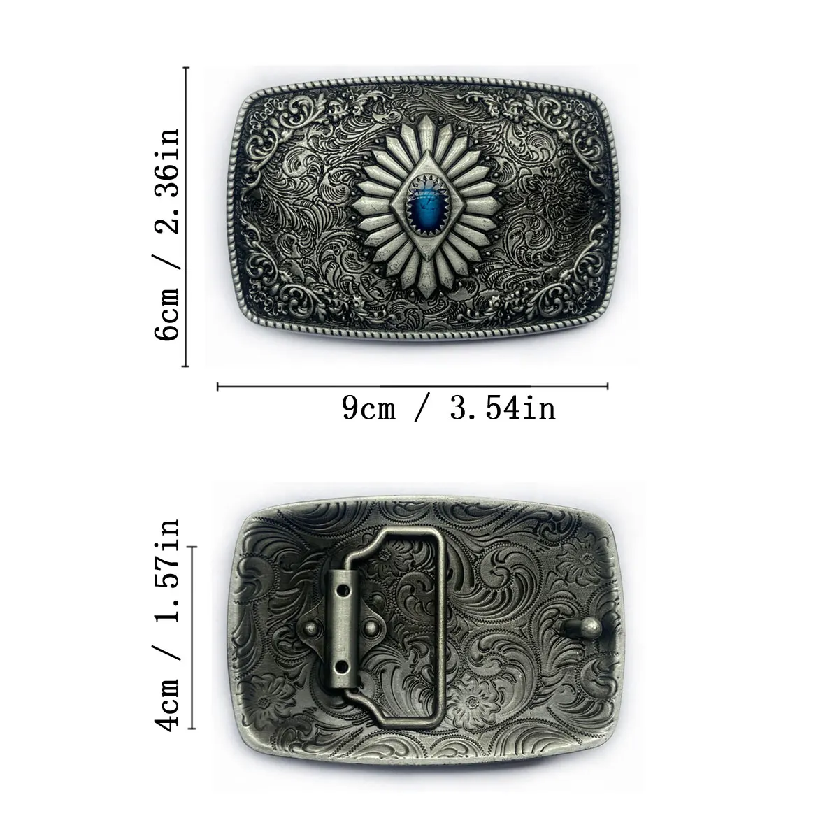 Antique Silver Engraved Floral Sunburst Blue Rhinestone Western Cowboy Belt Buckle for Men Dropshipping