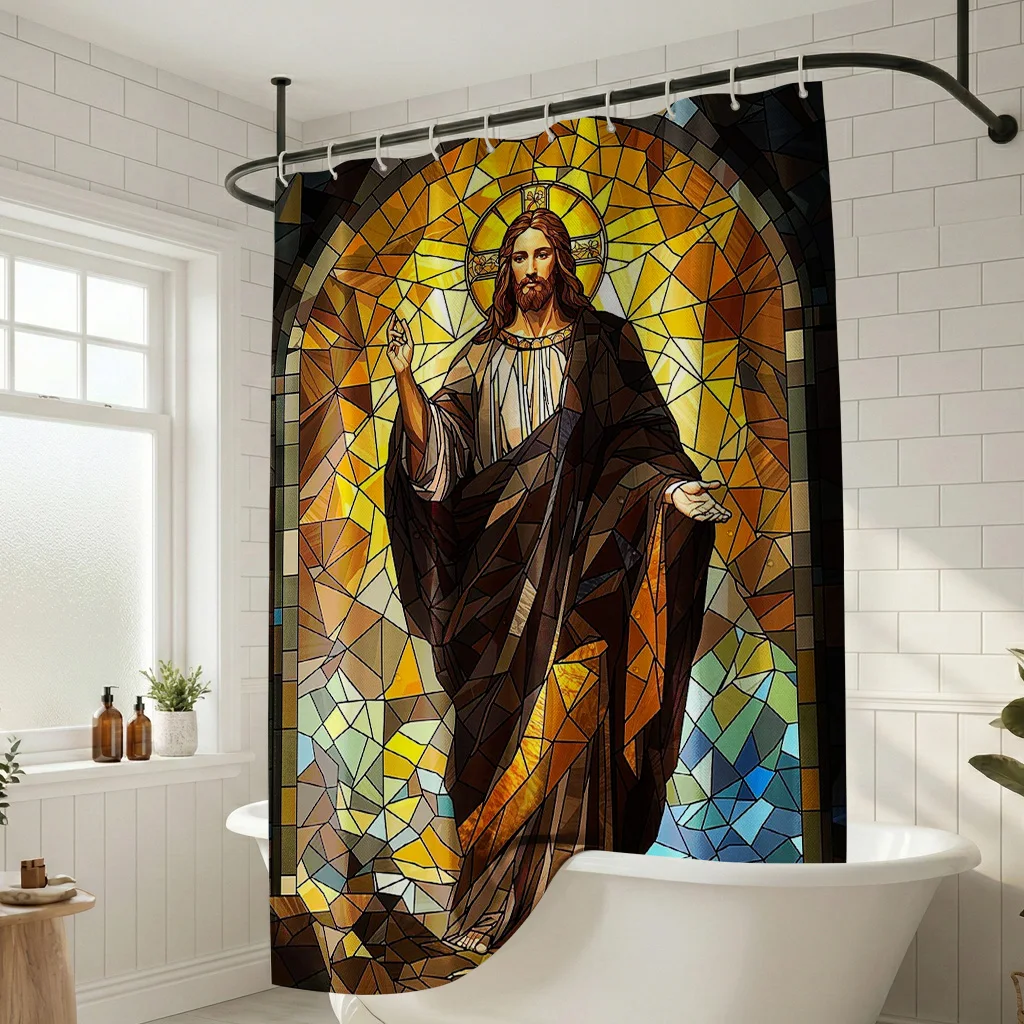 

Sacred Jesus Stained Glass Shower Curtain - Creative Mosaic Religious Art Design - Indoor Home Bathroom Decor Art Bath Curtain