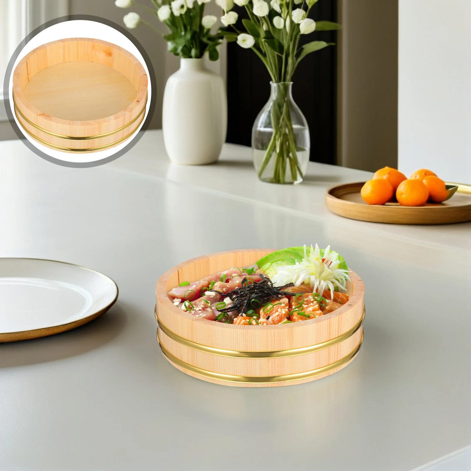 

Hangiri Small Wooden Box Sushi Rice Container Natural Mixing Tub Eco Friendly Sushi Serving Bucket
