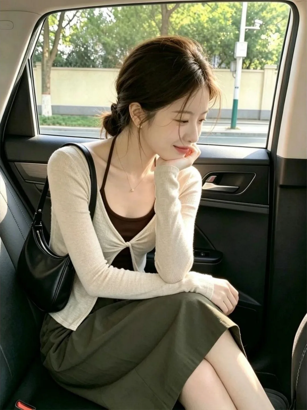 Korean Style Long Sleeve T-Shirt Women's Early Autumn Unique Beautiful Hanger Neck Strap Top Two-Piece Set Breathable Skin-Fr...