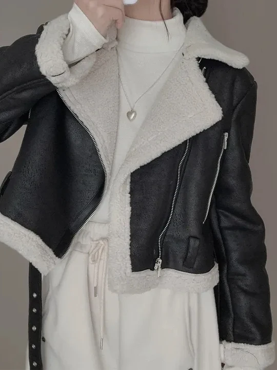 

Korean Sle ort Motorcycle Jaet Women's Winter Thiened Lamb Fur Coat Suede Material Faionable And Sli