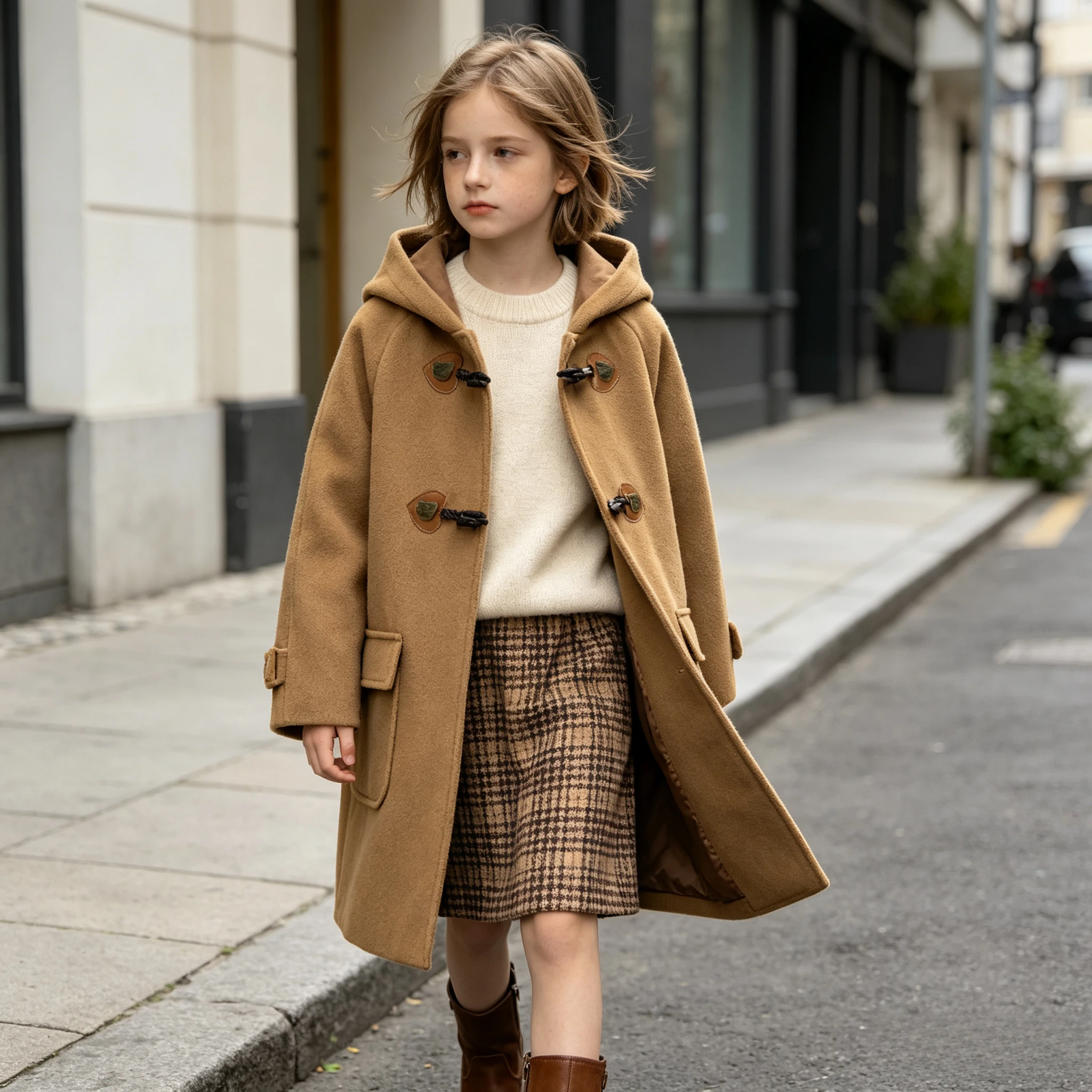 Fall Winter Girls Hooded Duffle Coat Toggle Button Wool Blend Windproof Warm Daily Outerwear School Kids Overcoat Casual Outfits