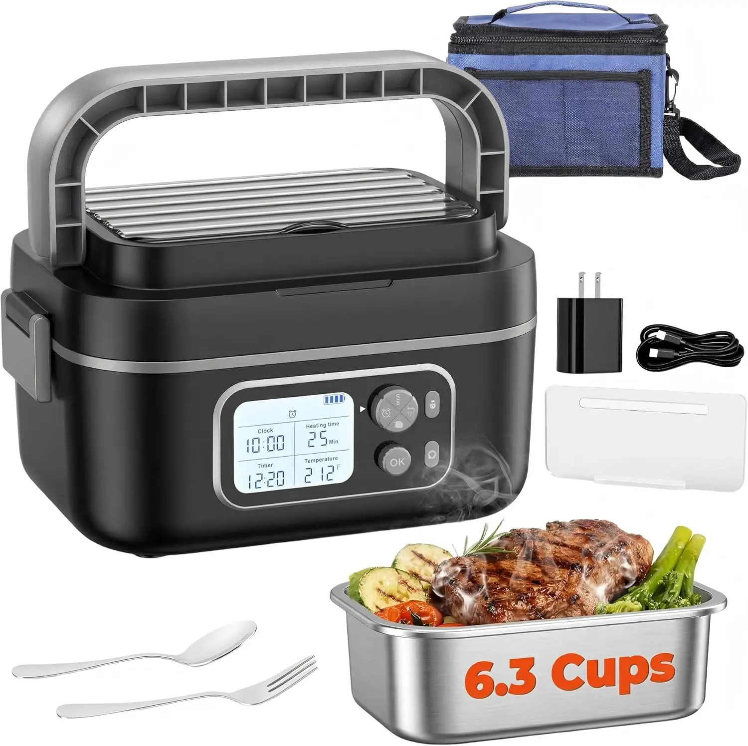 

Portable Cordless Electric Lunch Box, 24,000mAh Battery, 6.3 Cup Capacity, Scheduled Heating to 212°F for Office, Travel